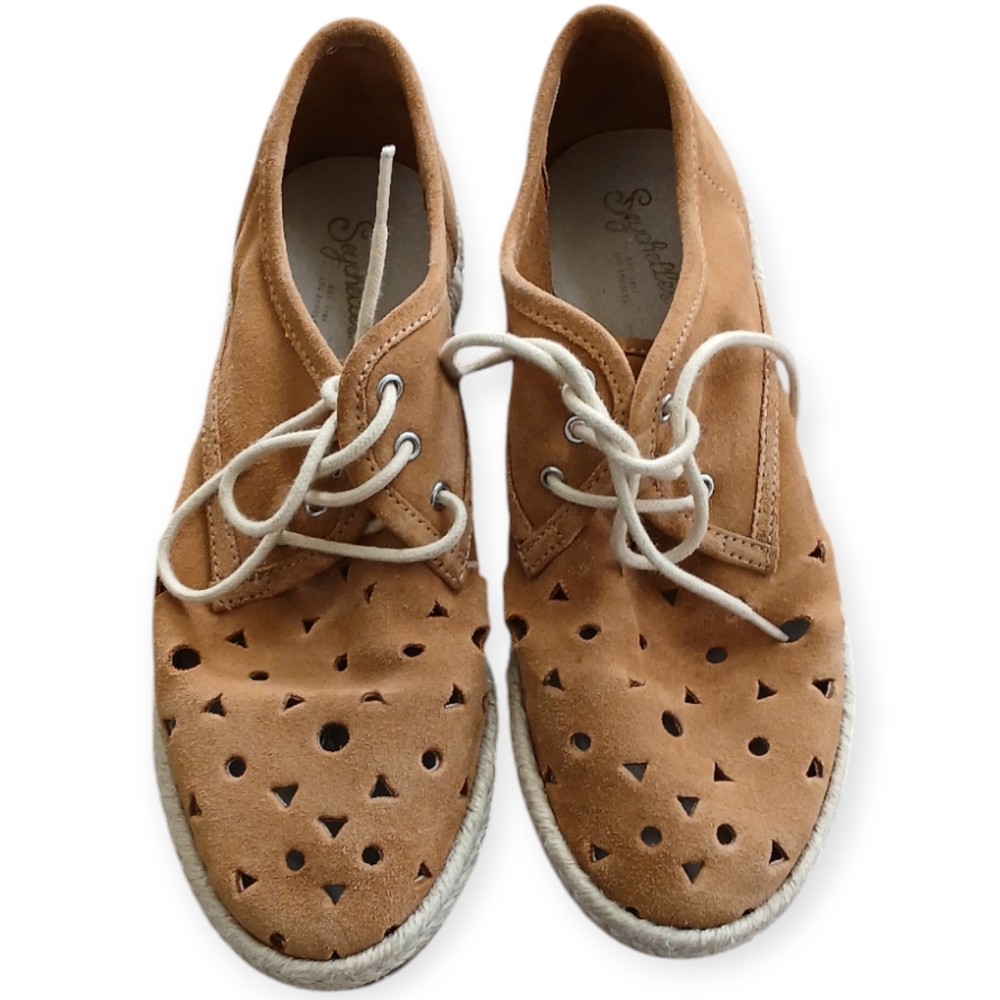 SEYCHELLES DISTINGUISHED LEATHER UPPER ESPADRILLE SHOES.SIZE 6.COLOR MUSTARD